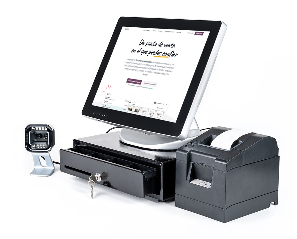 Punto de venta con Odoo: terminal táctil, cajón de dinero, impresora de recibos y lector de código de barras